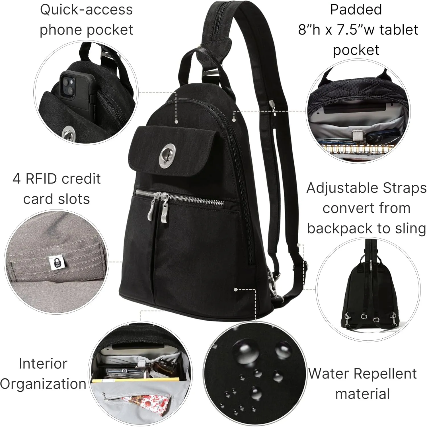 Baggallini Naples Convertible Small Daypack Sling Crossbody, Black