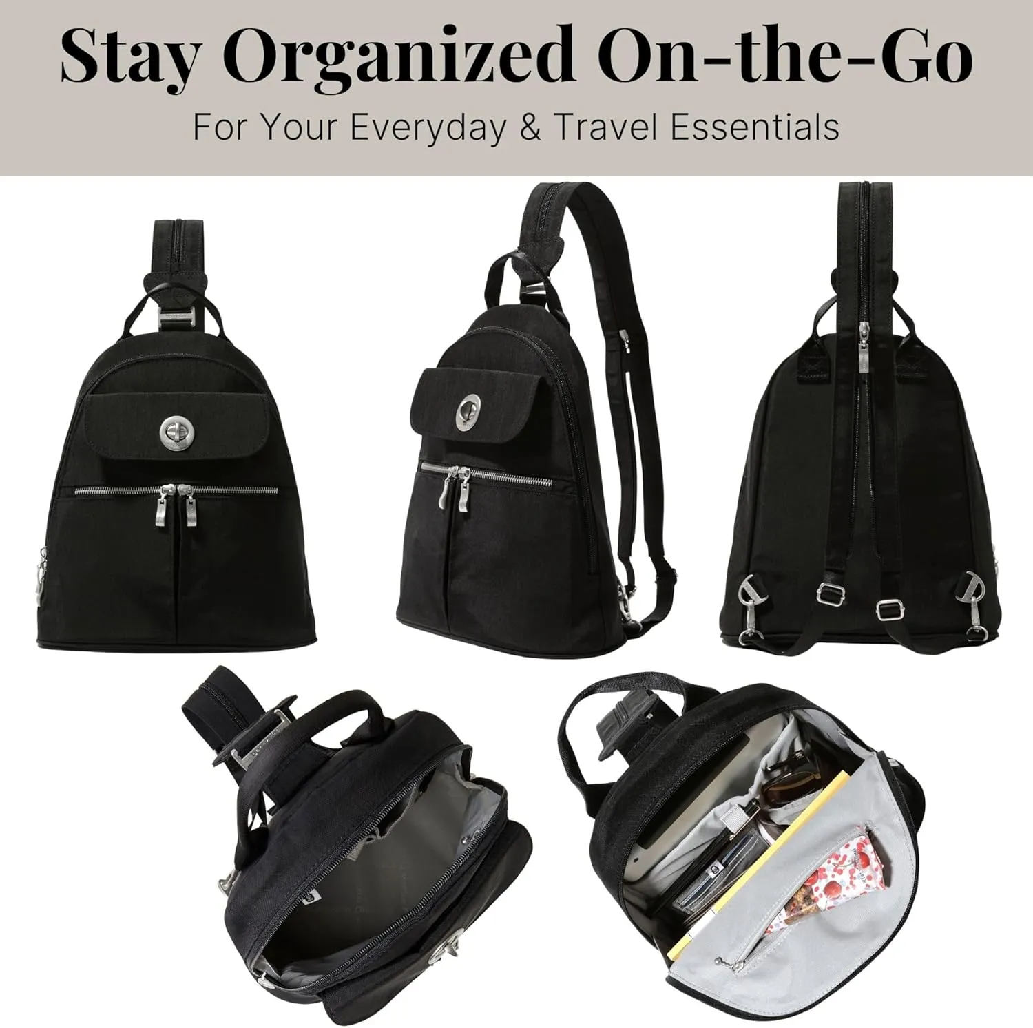 Baggallini Naples Convertible Small Daypack Sling Crossbody, Black