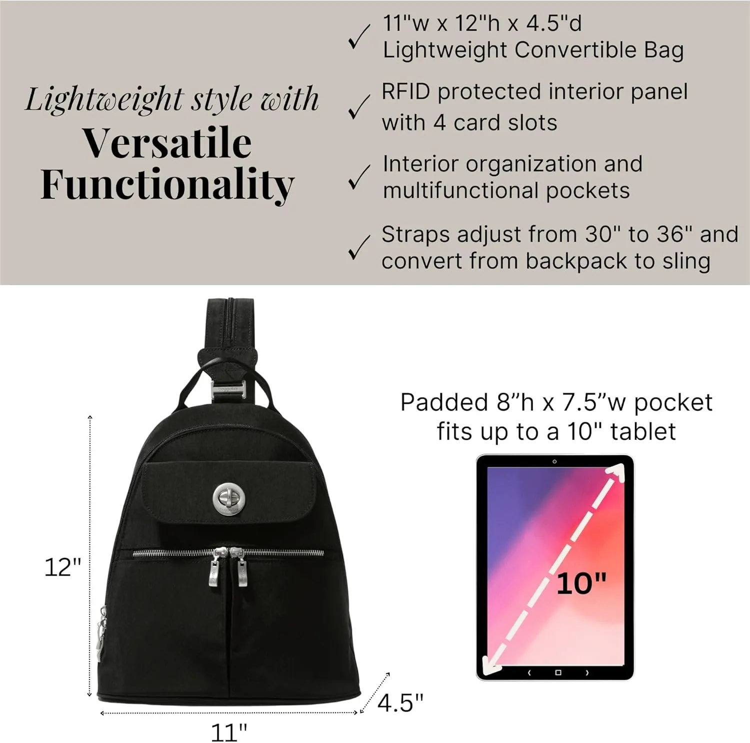 Baggallini Naples Convertible Small Daypack Sling Crossbody, Black