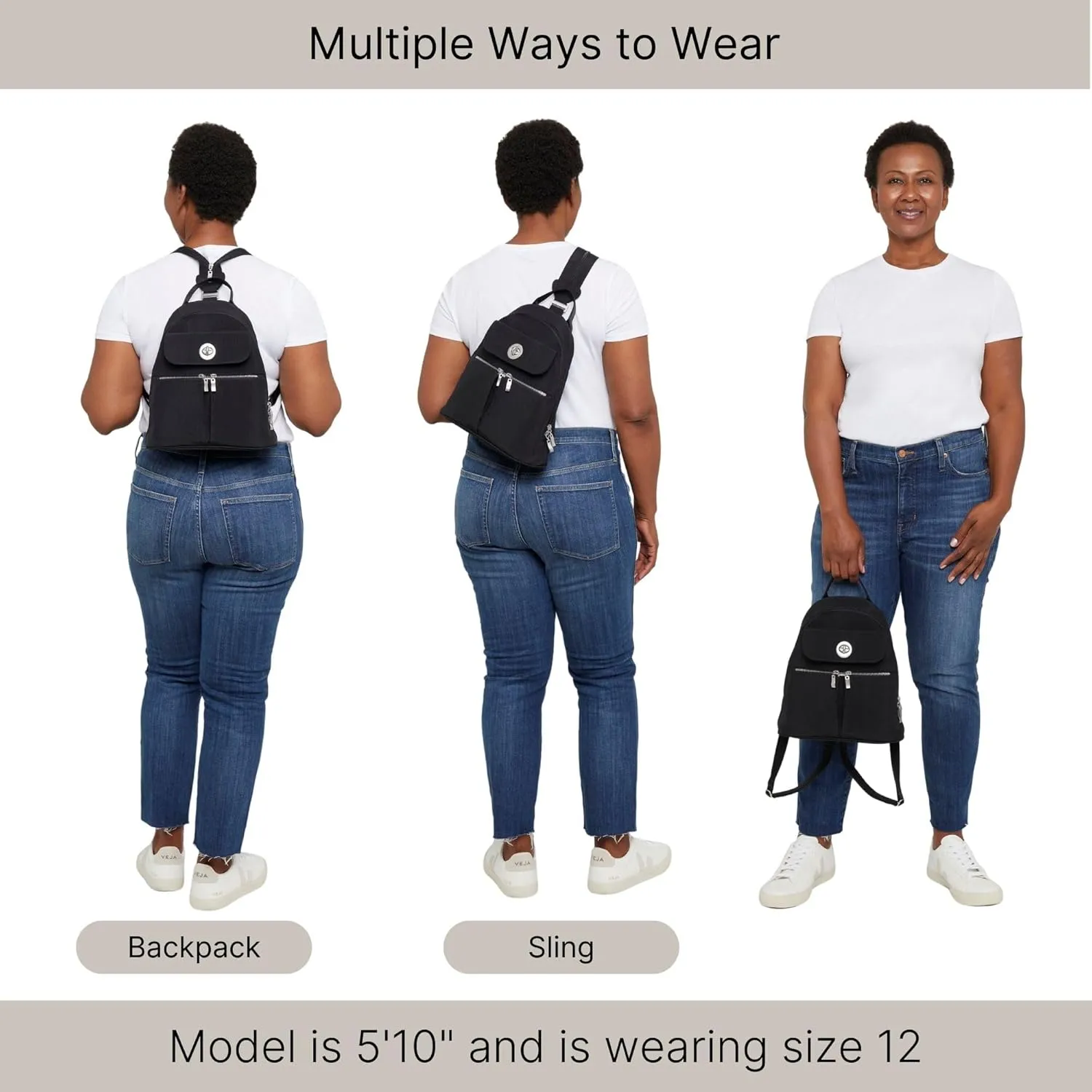 Baggallini Naples Convertible Small Daypack Sling Crossbody, Black