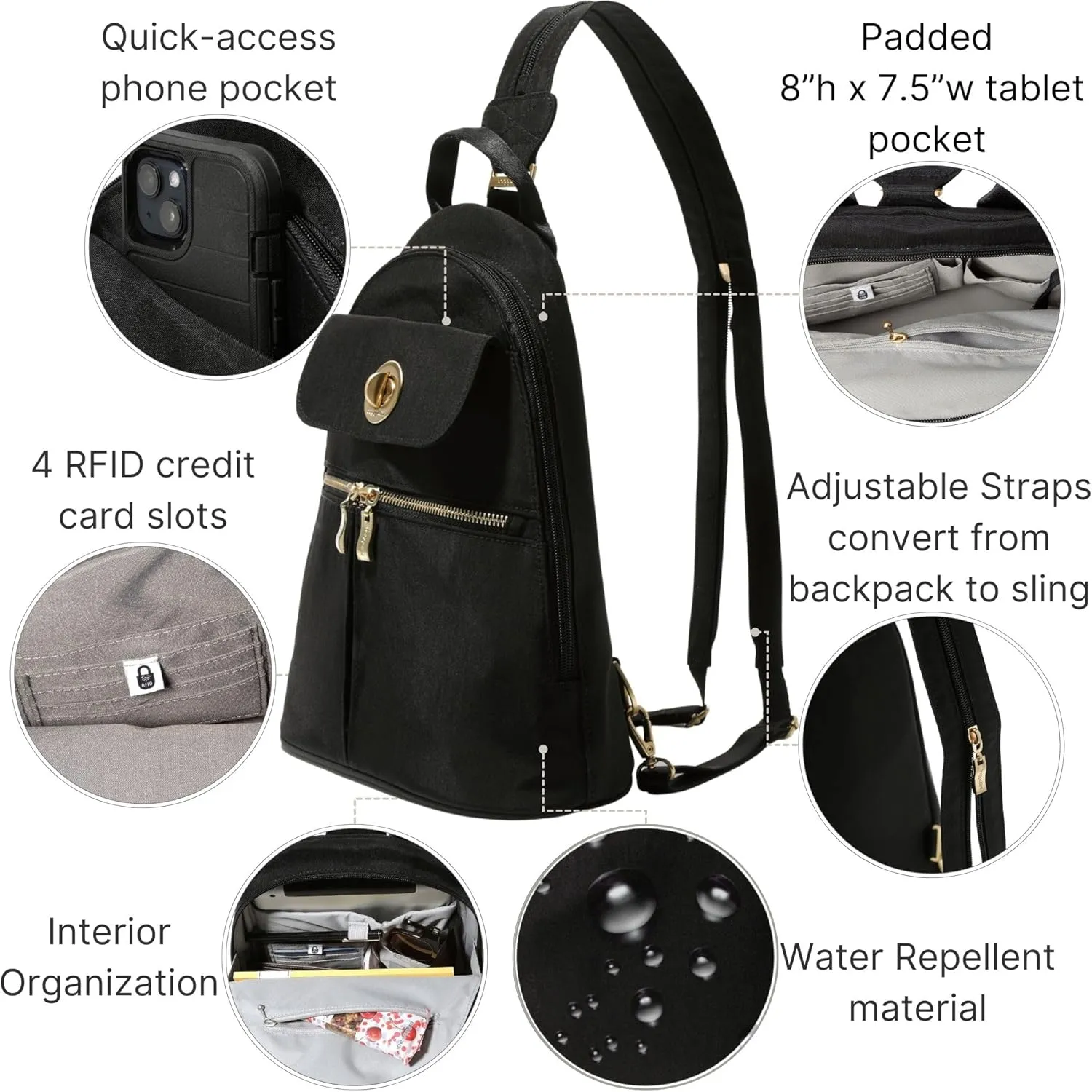 Baggallini Naples Convertible Small Daypack Sling Crossbody, Black/Gold Hardware