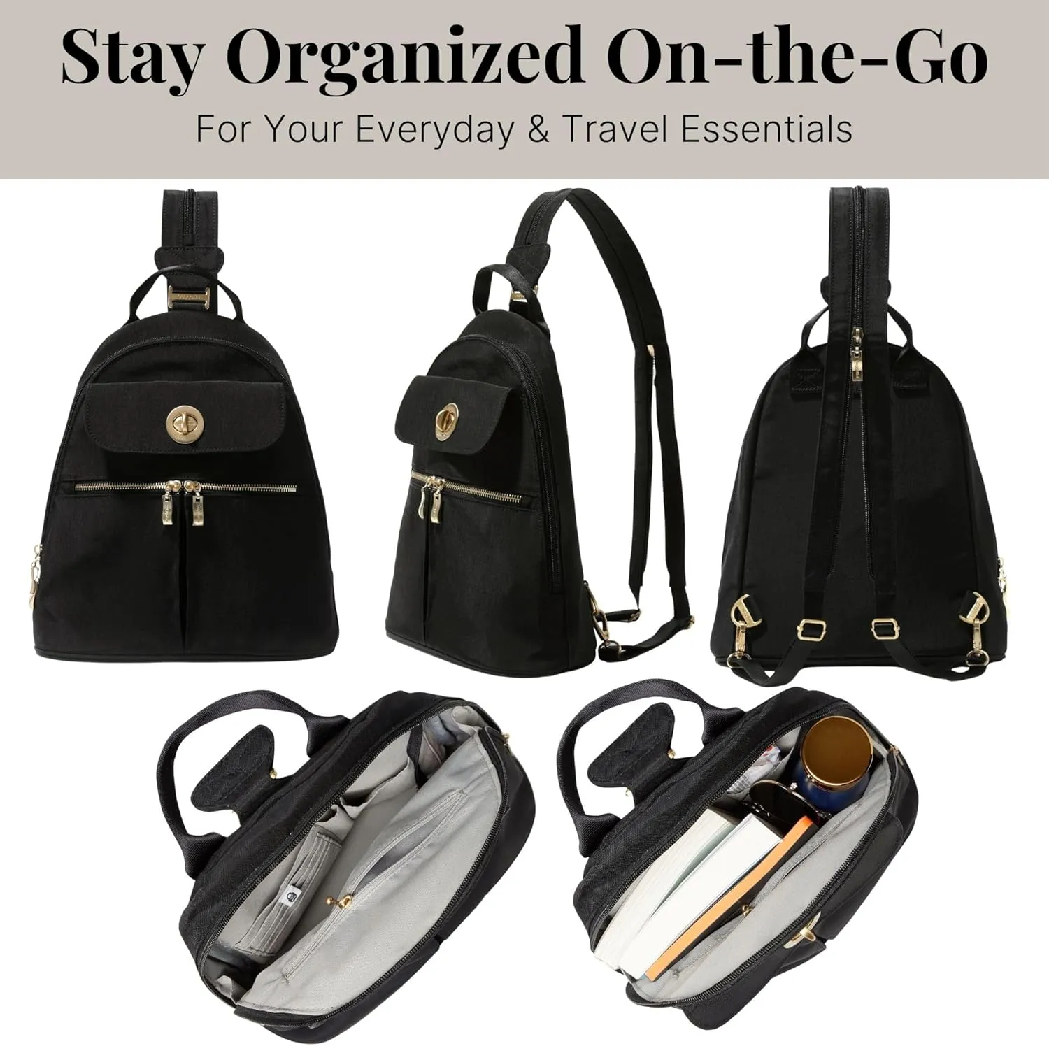 Baggallini Naples Convertible Small Daypack Sling Crossbody, Black/Gold Hardware