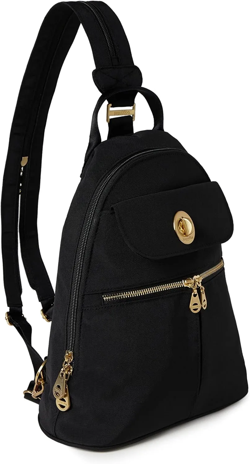 Baggallini Naples Convertible Small Daypack Sling Crossbody, Black/Gold Hardware