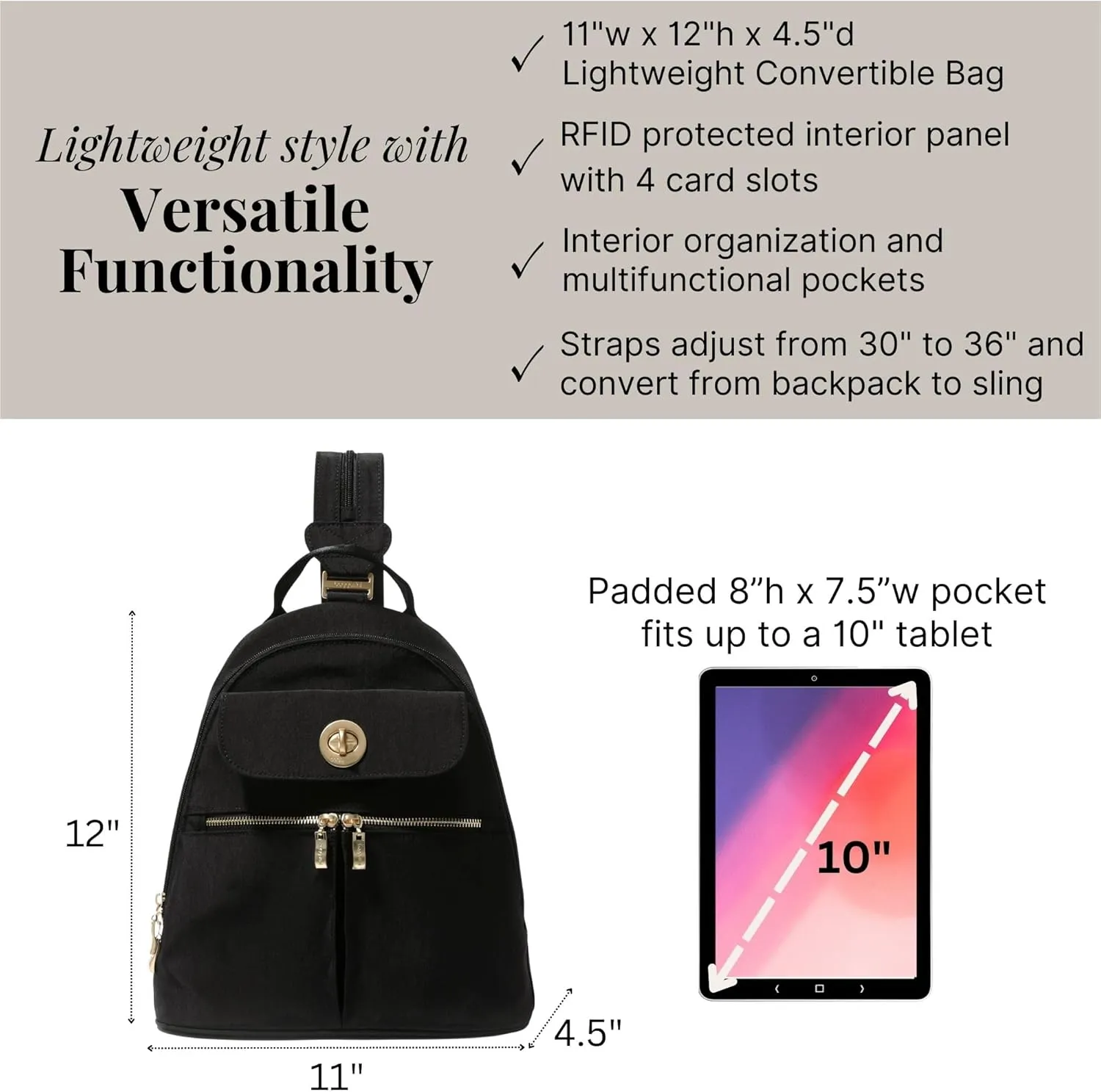 Baggallini Naples Convertible Small Daypack Sling Crossbody, Black/Gold Hardware