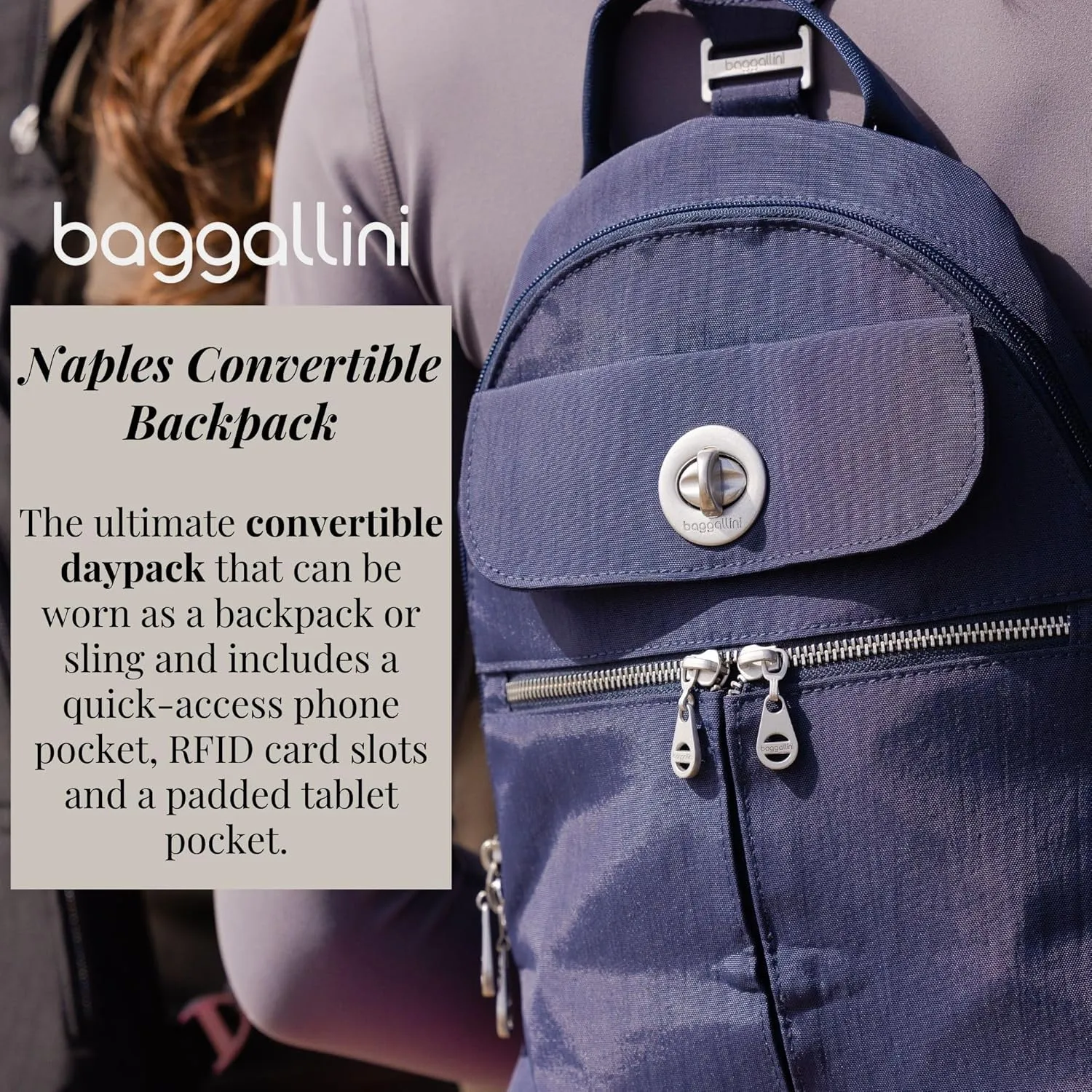 Baggallini Naples Convertible Small Daypack Sling Crossbody, Black/Gold Hardware