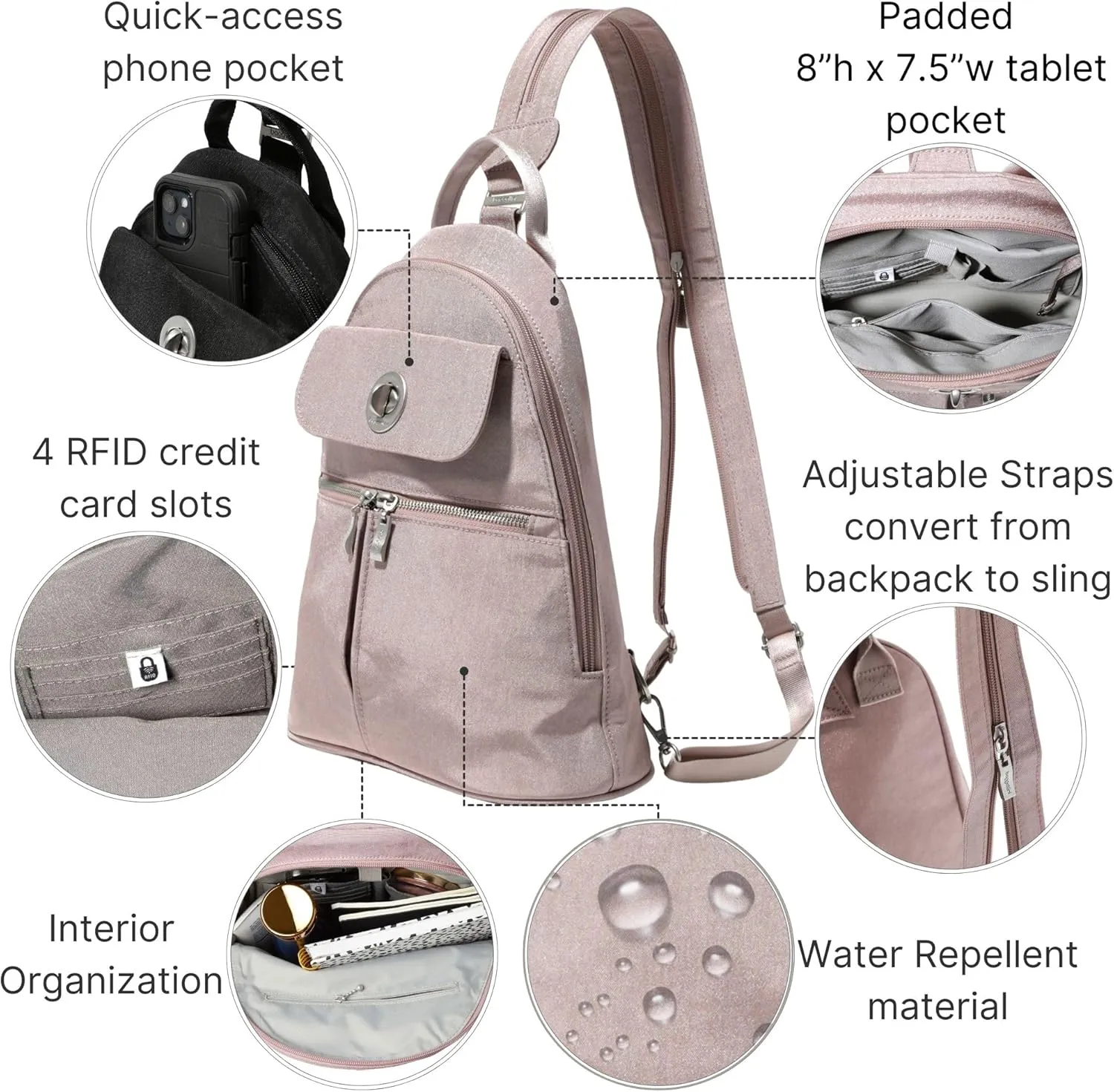 Baggallini Naples Convertible Small Daypack Sling Crossbody, Blush Shimmer