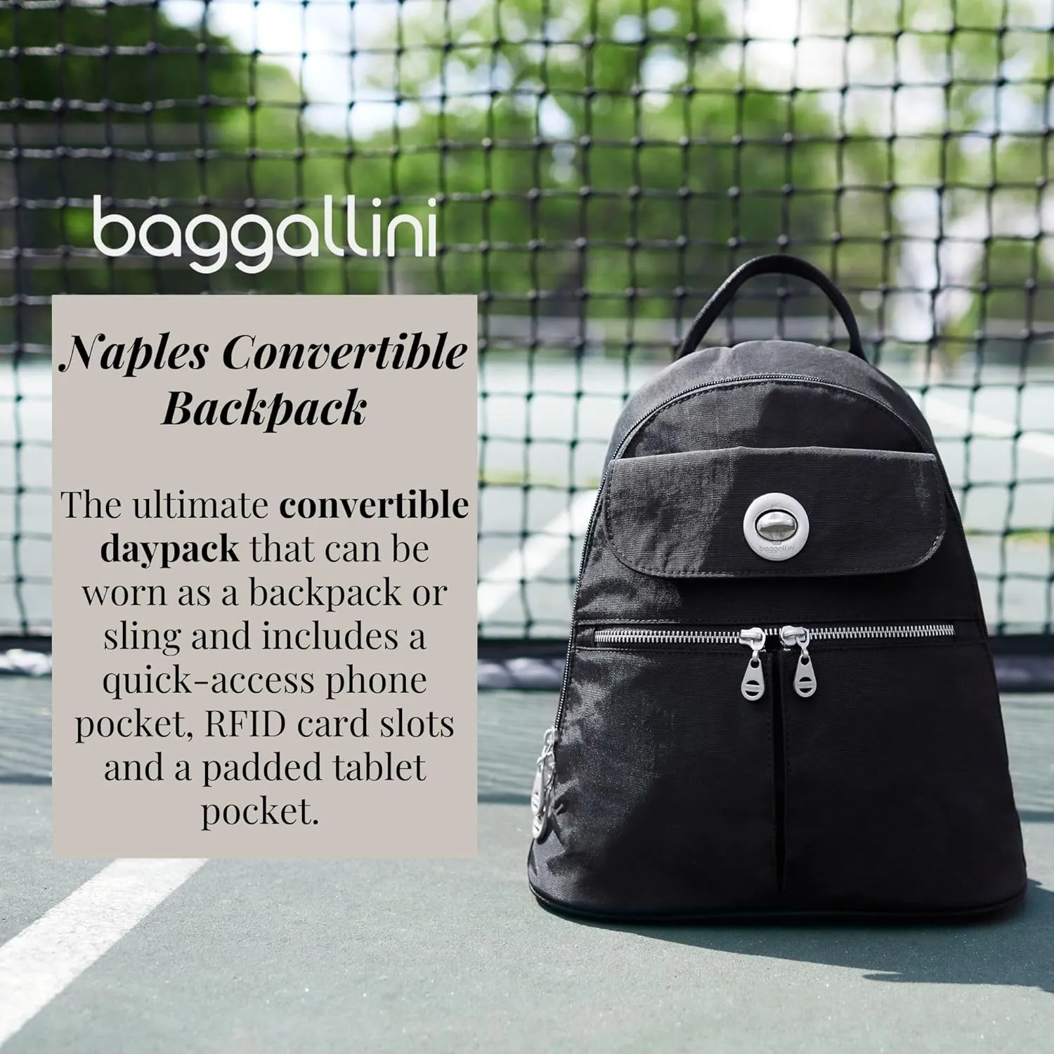 Baggallini Naples Convertible Small Daypack Sling Crossbody, Blush Shimmer