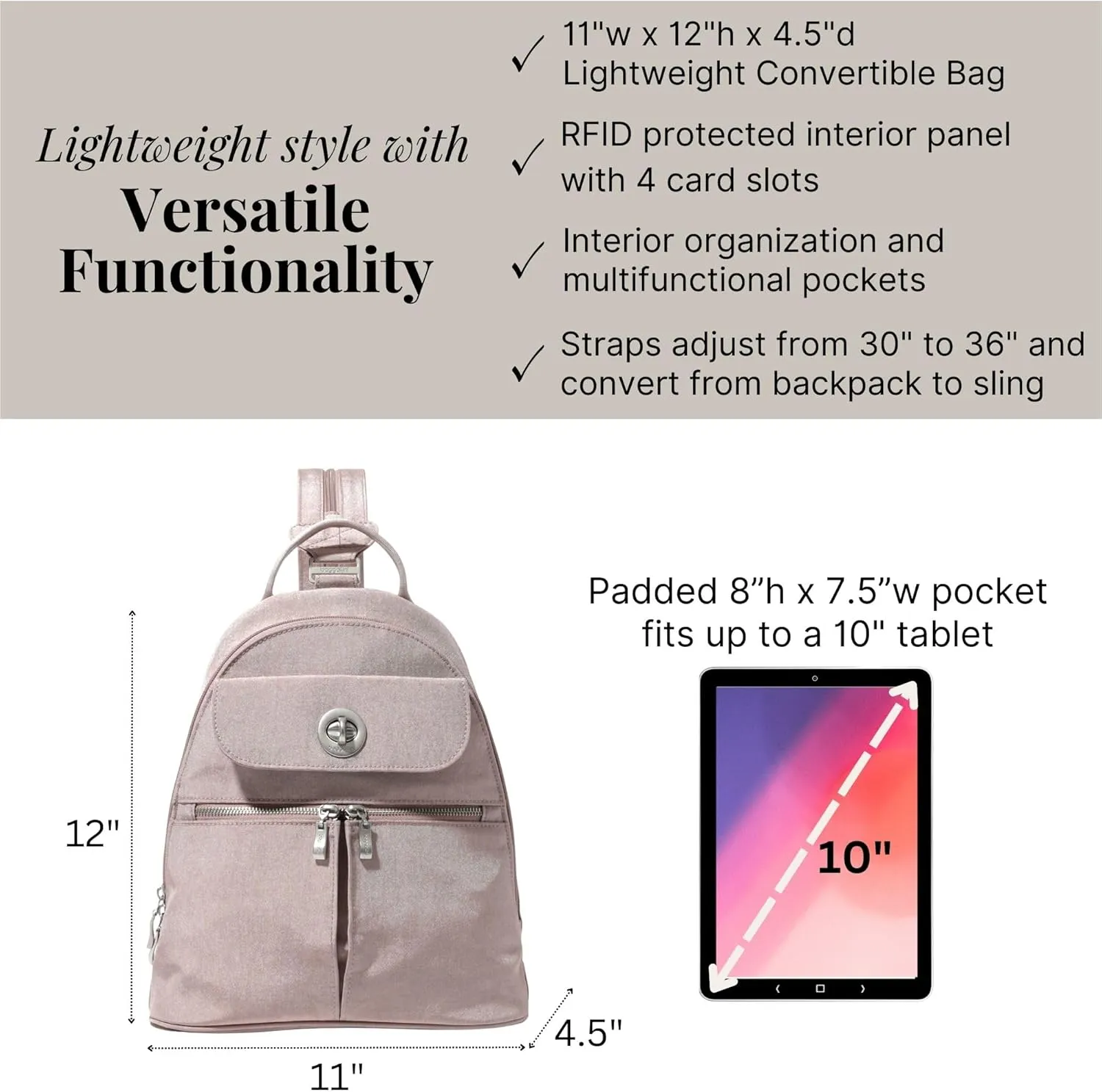 Baggallini Naples Convertible Small Daypack Sling Crossbody, Blush Shimmer
