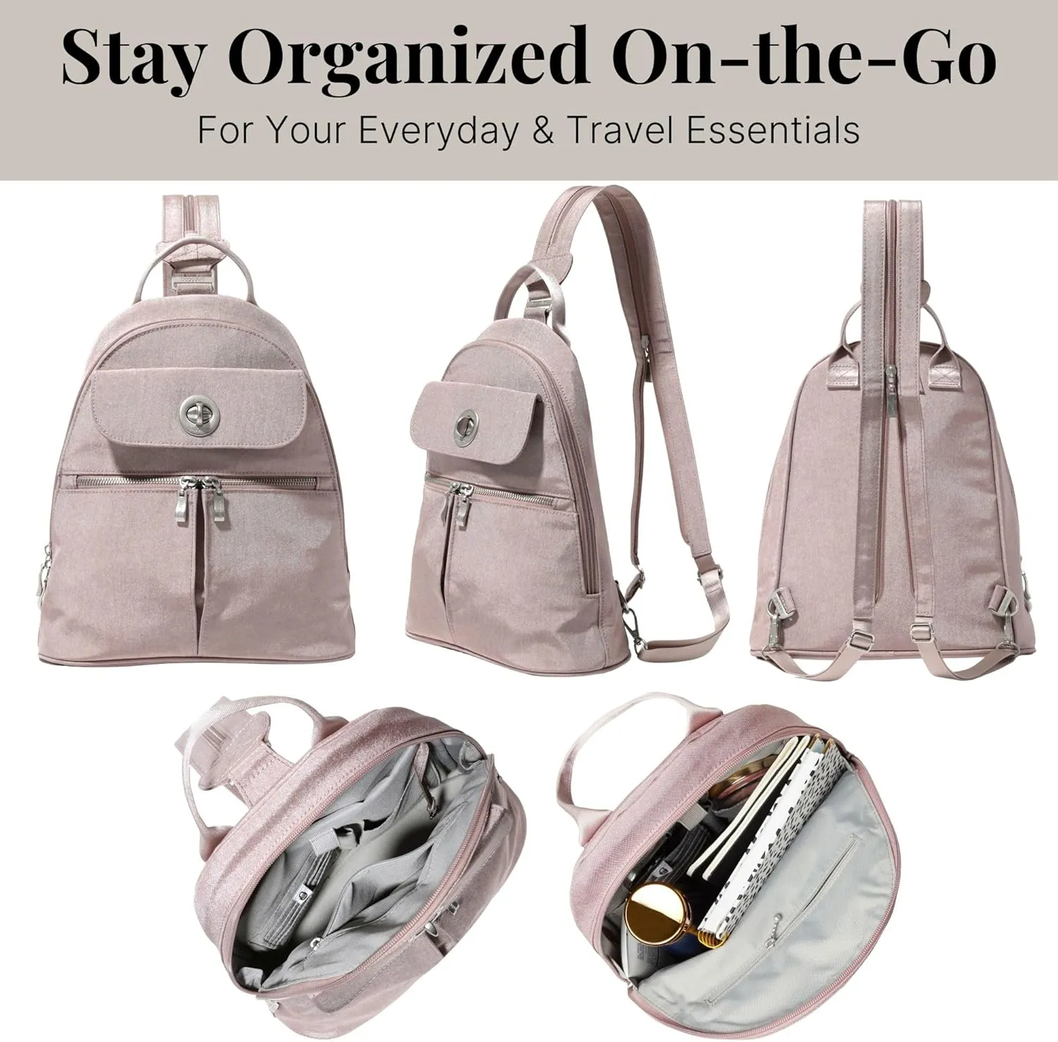 Baggallini Naples Convertible Small Daypack Sling Crossbody, Blush Shimmer