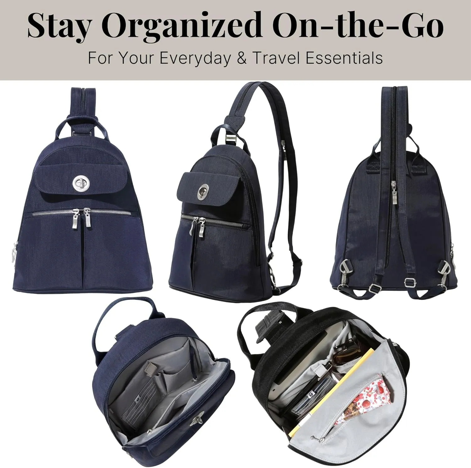 Baggallini Naples Convertible Small Daypack Sling Crossbody, French Navy