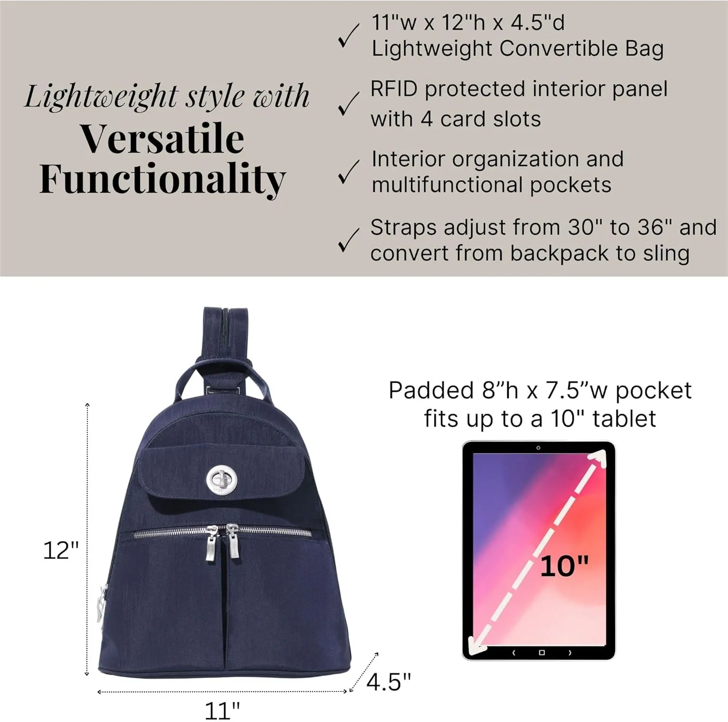 Baggallini Naples Convertible Small Daypack Sling Crossbody, French Navy
