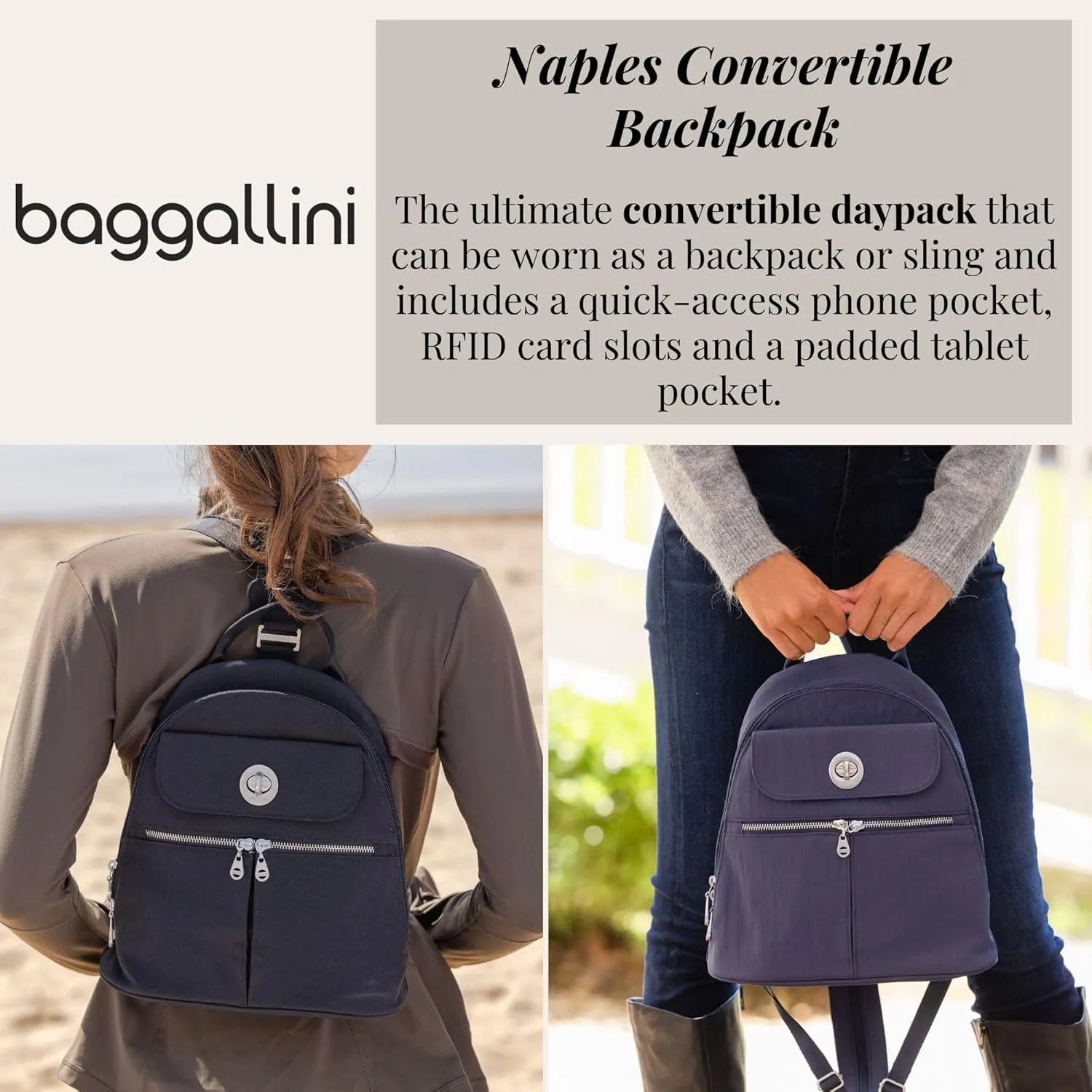 Baggallini Naples Convertible Small Daypack Sling Crossbody, French Navy