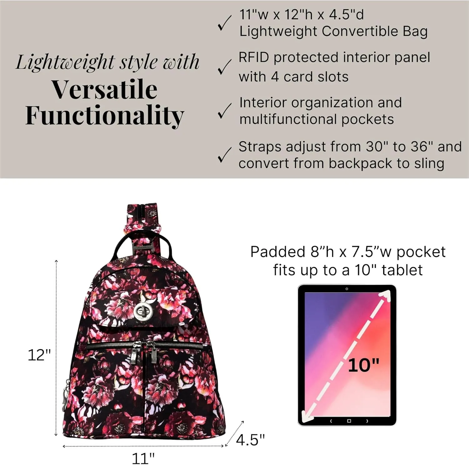 Baggallini Naples Convertible Small Daypack Sling Crossbody, Peony Bloom