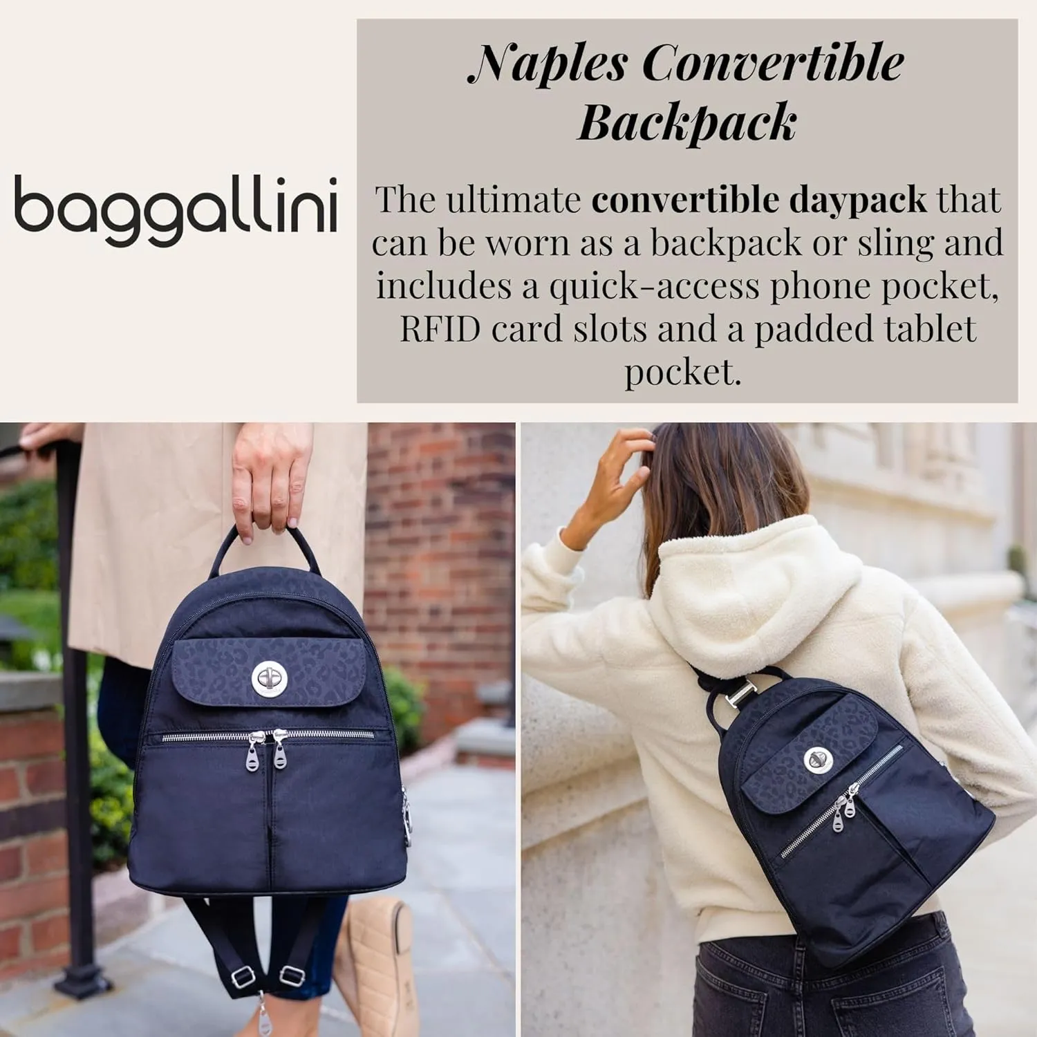 Baggallini Naples Convertible Small Daypack Sling Crossbody, Peony Bloom
