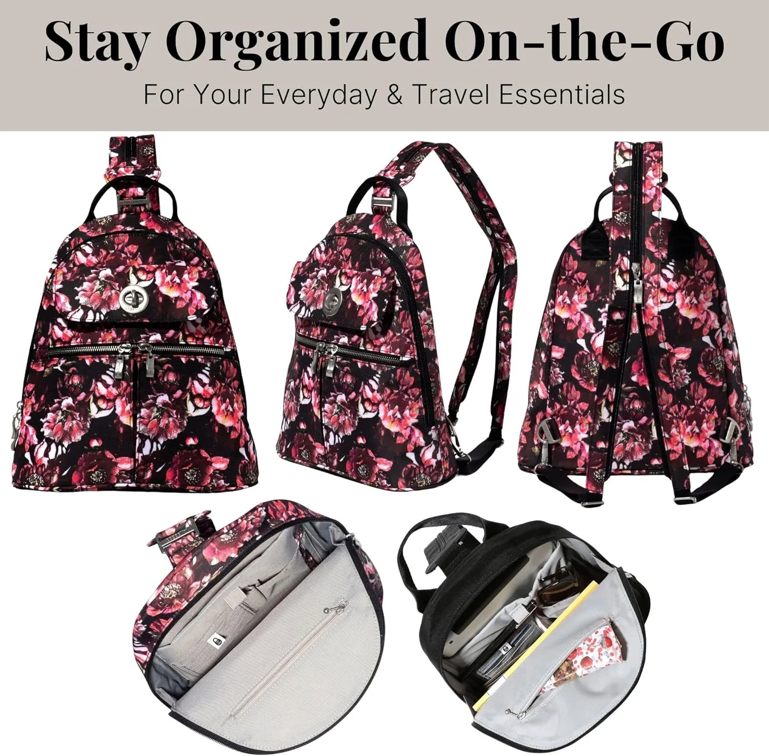 Baggallini Naples Convertible Small Daypack Sling Crossbody, Peony Bloom