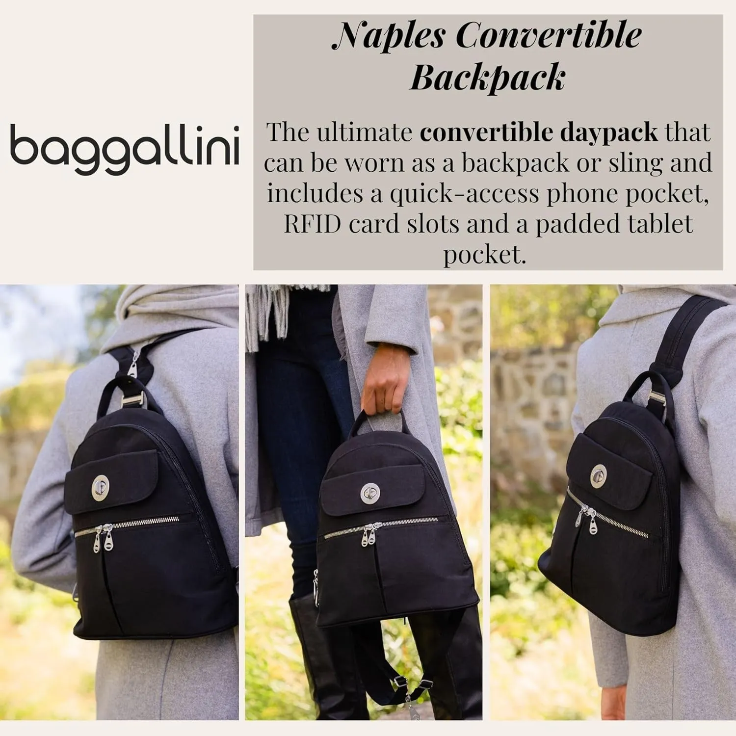 Baggallini Naples Convertible Small Daypack Sling Crossbody, Woodrose