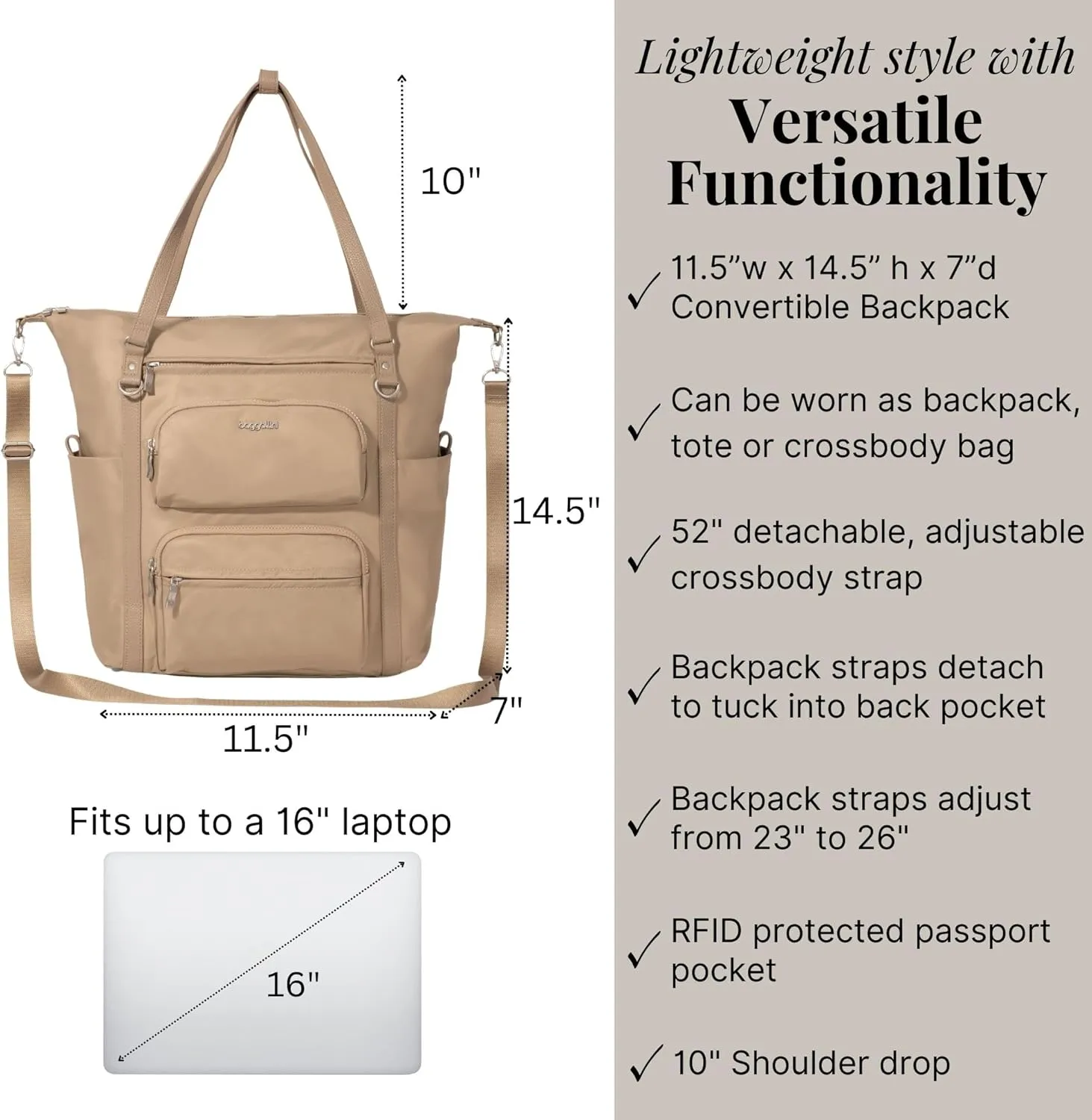 Baggallini Nolita Convertible Backpack - 14x11 Inch Travel Backpack with 16 Inch Laptop Sleeve - Lightweight Luggage Backpack