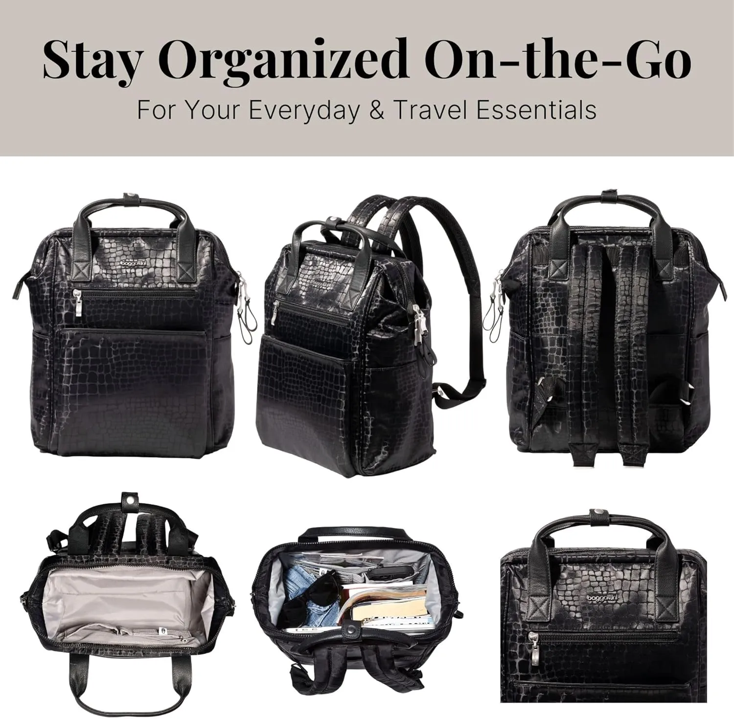 Baggallini Soho Backpack - Travel Laptop Backpack for Women - Lightweight Water-Resistant Luggage Bag, Black Croc Jacquard