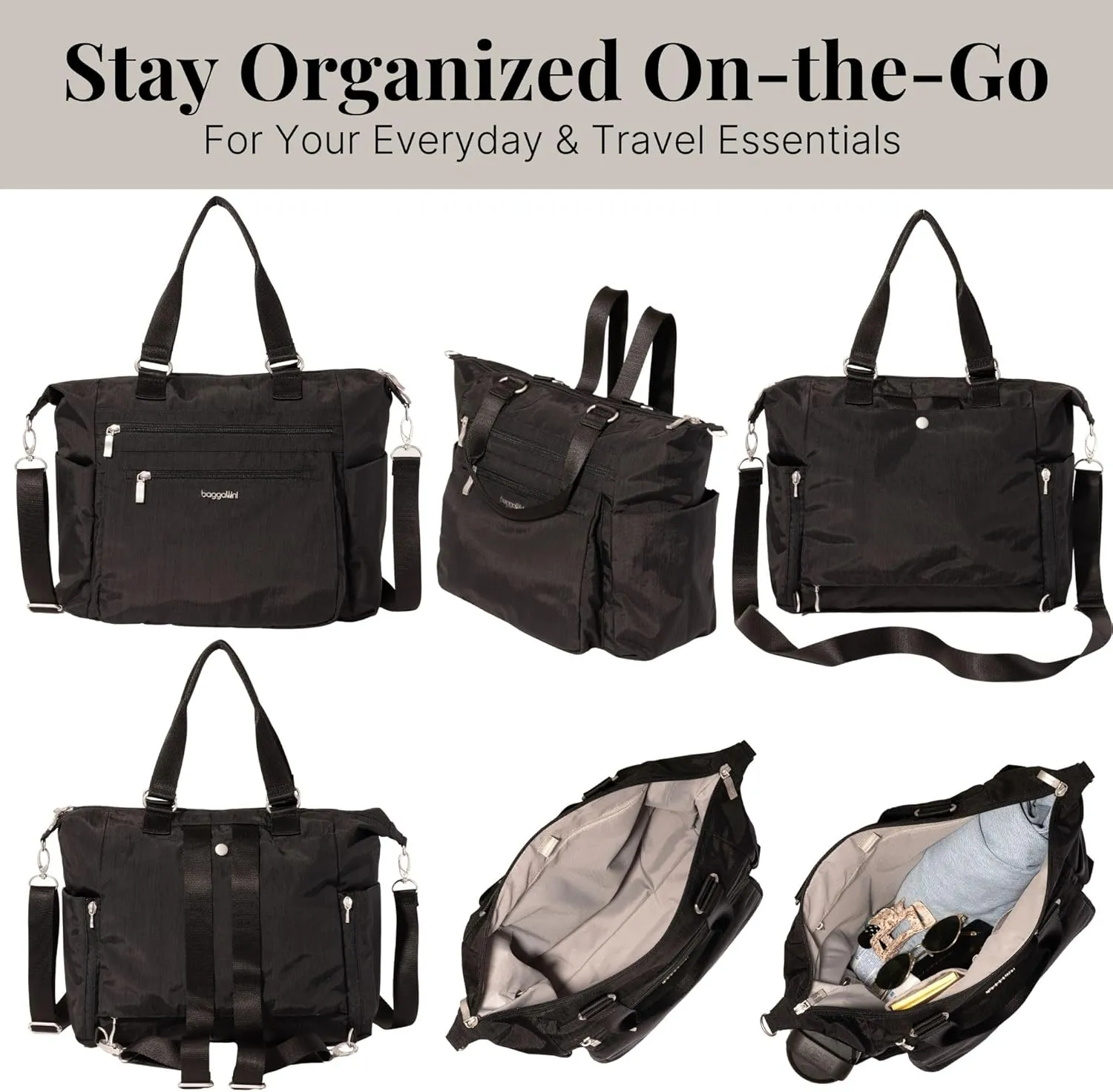 Baggallini Trifecta Convertible Backpack Crossbody Tote Bag-11x12 Lightweight Travel Bag W/RFID Phone Wristlet