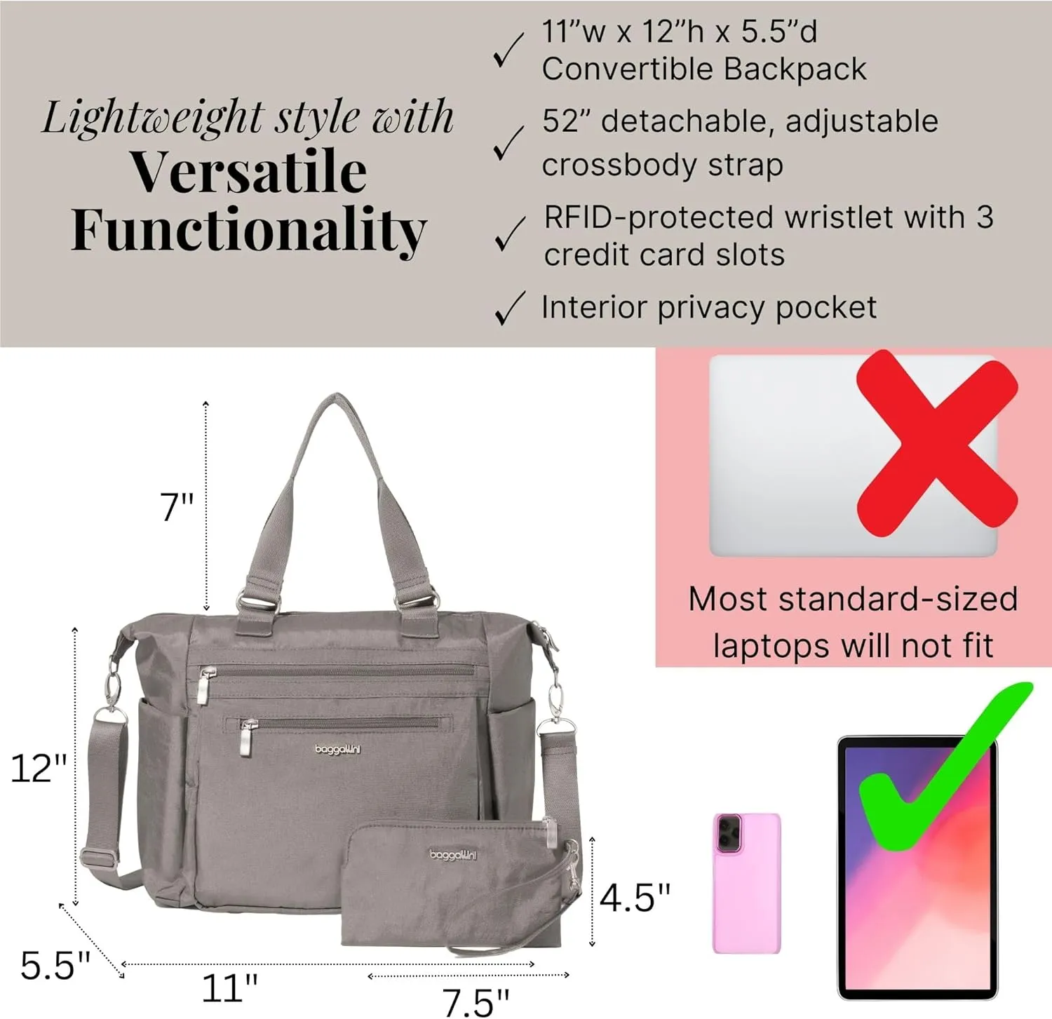 Baggallini Trifecta Convertible Backpack Crossbody Tote Bag-11x12 Lightweight Travel Bag W/RFID Phone Wristlet