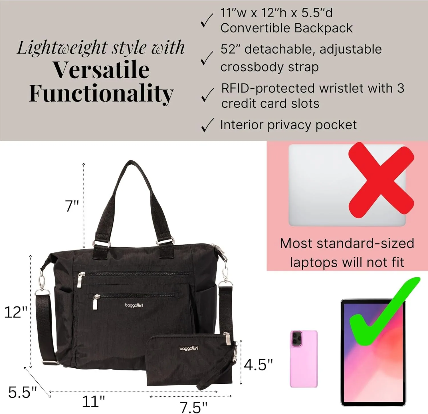 Baggallini Trifecta Convertible Backpack Crossbody Tote Bag-11x12 Lightweight Travel Bag W/RFID Phone Wristlet