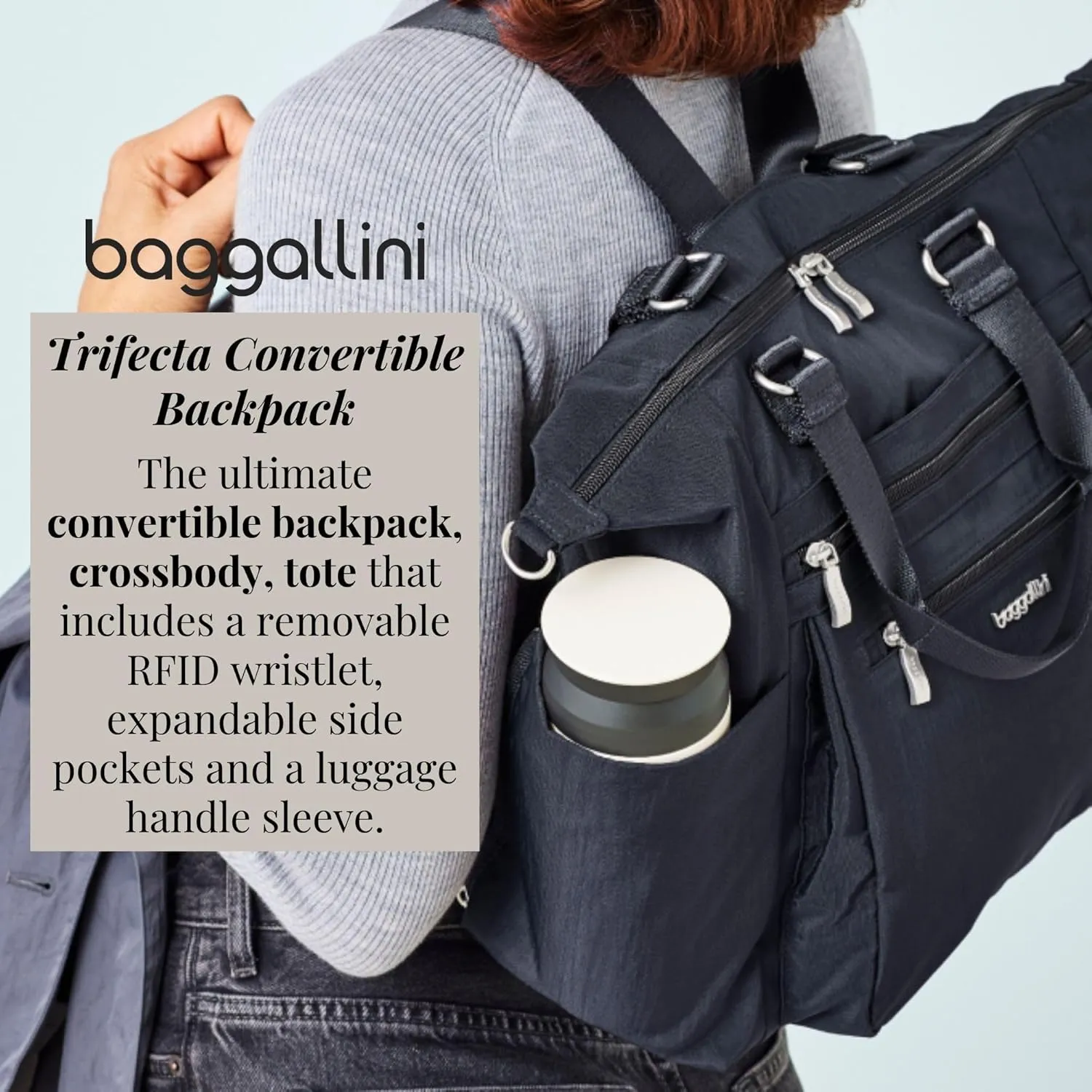 Baggallini Trifecta Convertible Backpack Crossbody Tote Bag-11x12 Lightweight Travel Bag W/RFID Phone Wristlet