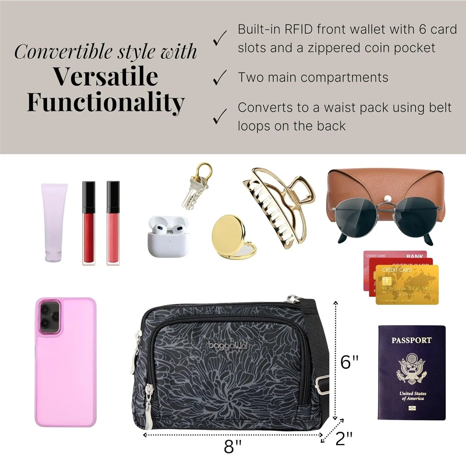 Baggallini Women Triple Zip Bag with Wallet