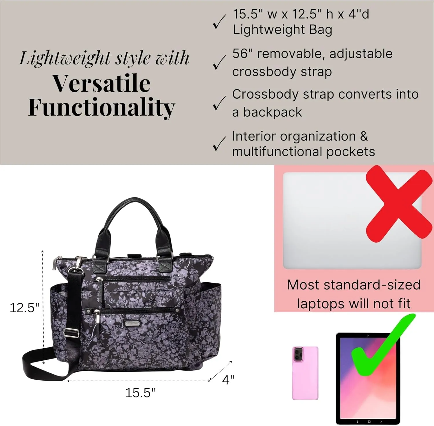 Baggallini Womens 3-in-1 Convertible Backpack, Black Hydrangea, One Size US