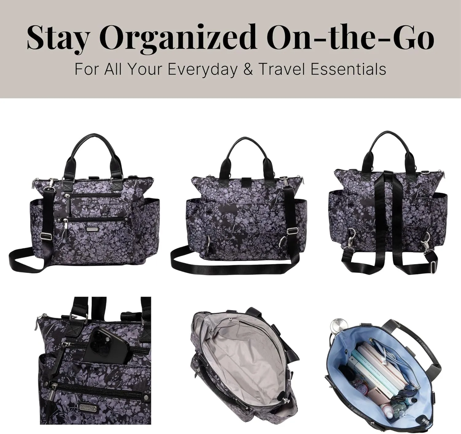 Baggallini Womens 3-in-1 Convertible Backpack, Black Hydrangea, One Size US