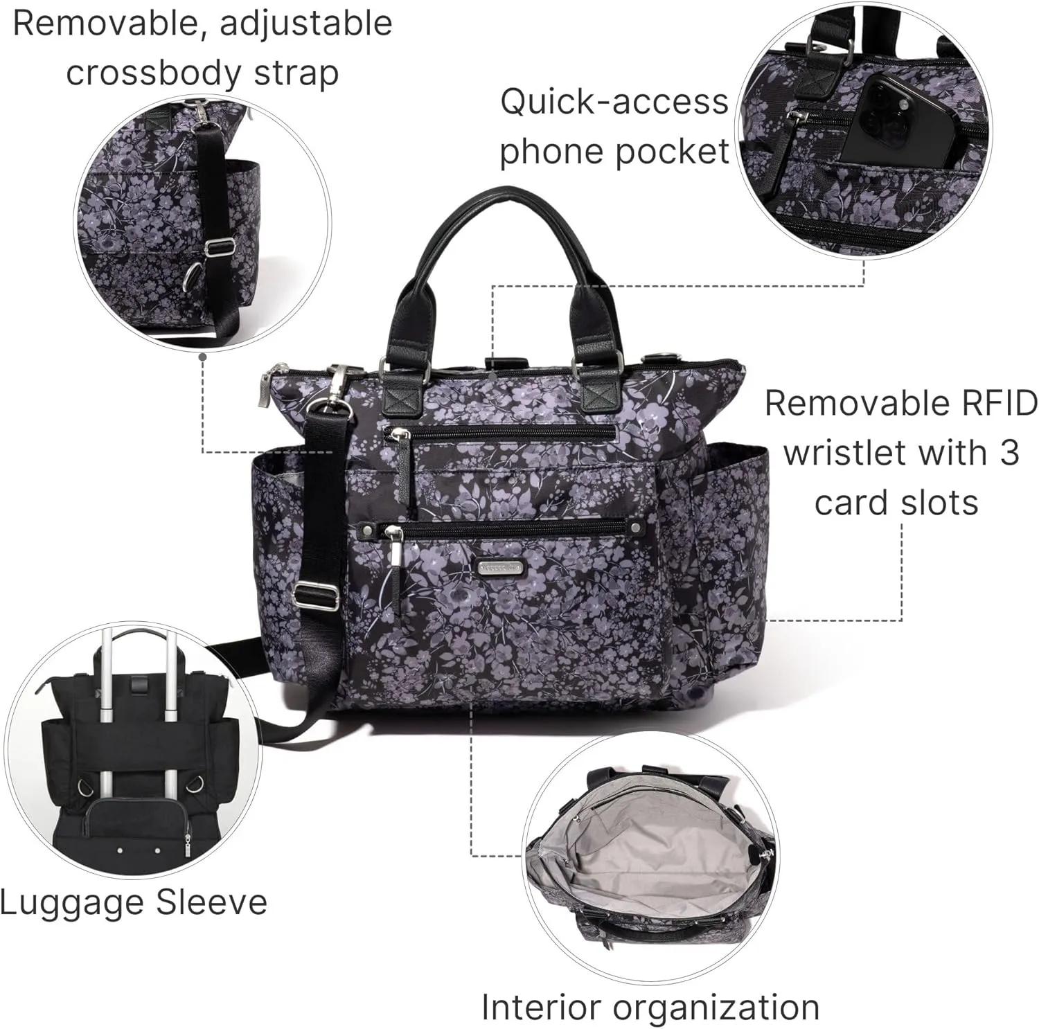 Baggallini Womens 3-in-1 Convertible Backpack, Black Hydrangea, One Size US