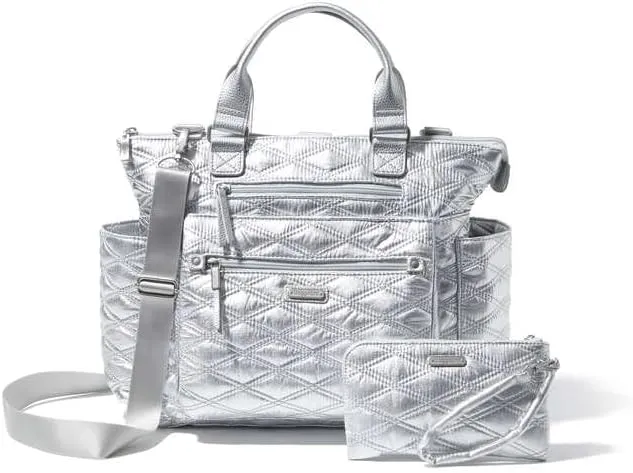 Baggallini Womens 3-in-1 Convertible Backpack With RFID Phone Wristlet,Silver Metallic Quilt