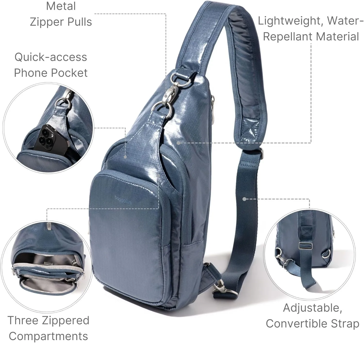 Baggallini Women's Central Park Sling 12"x7" Crossbody Bag W/Convertible Adjustable Shoulder Strap