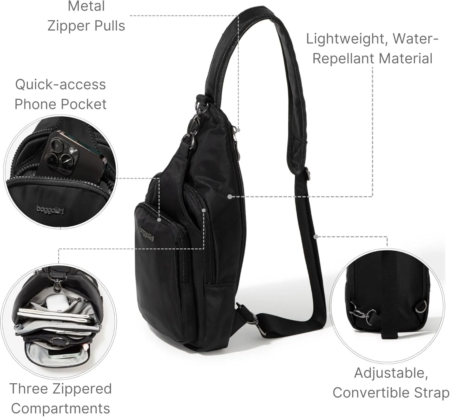 Baggallini Women's Central Park Sling 12"x7" Crossbody Bag W/Convertible Adjustable Shoulder Strap