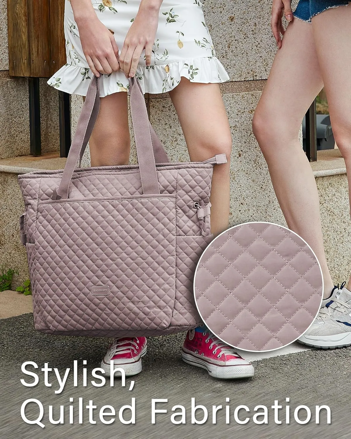 BAGSMART 25L Quilted Tote Bag Large Shoulder Bag with Top Handle for Women, Machine Washable Work Travel Handbag