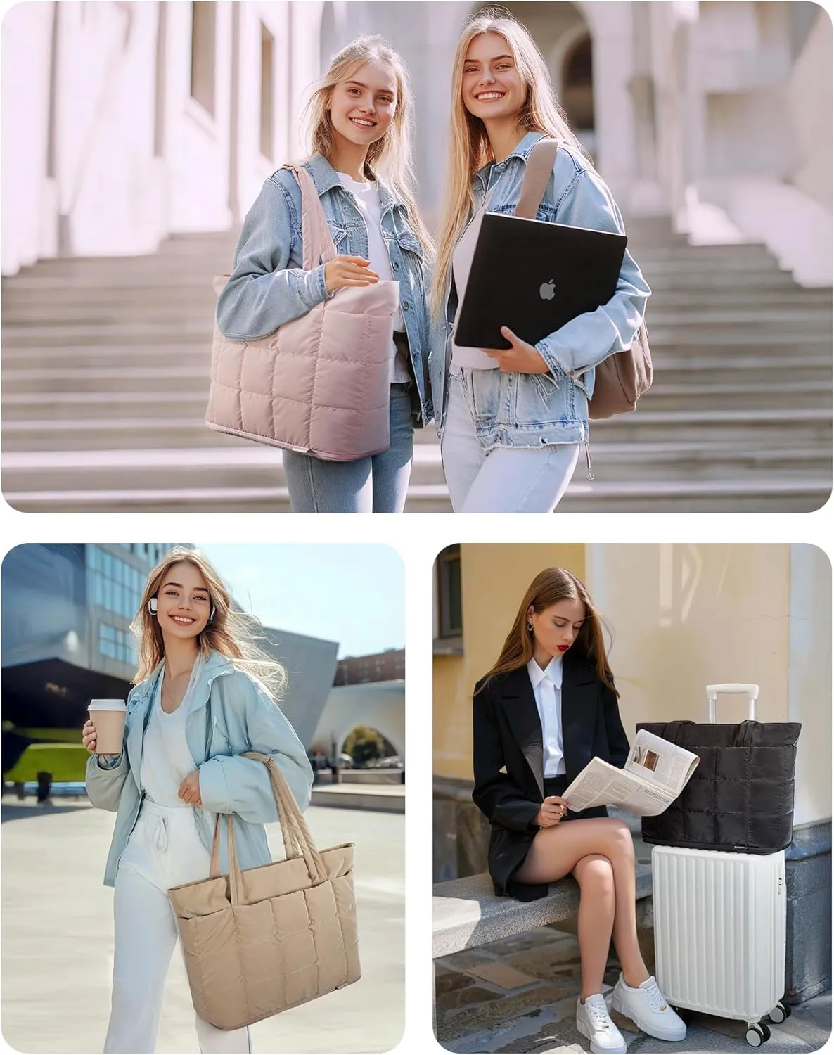 BAGSMART Expandable Tote Bag for Women, Zipper Puffer Work Tote with Water-Resistant Quilted, Nurse and Carry-On Travel Bag
