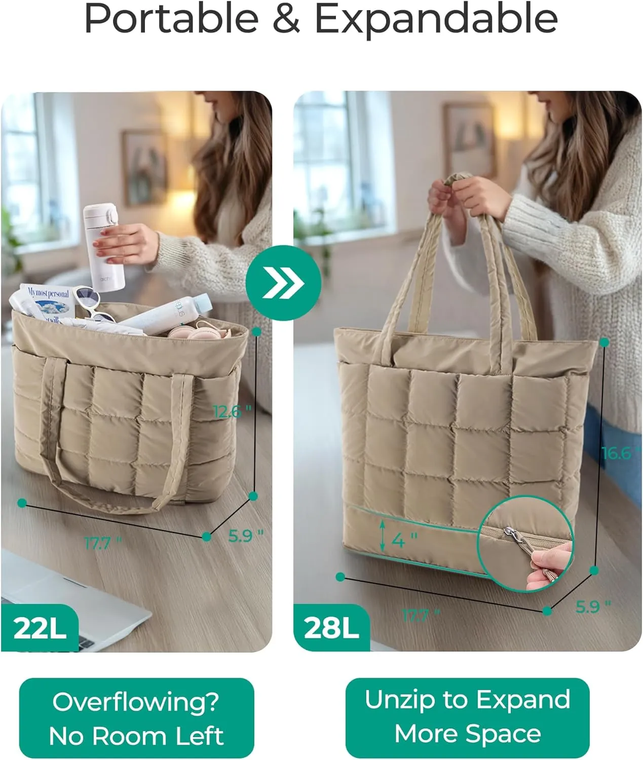 BAGSMART Expandable Tote Bag for Women, Zipper Puffer Work Tote with Water-Resistant Quilted, Nurse and Carry-On Travel Bag