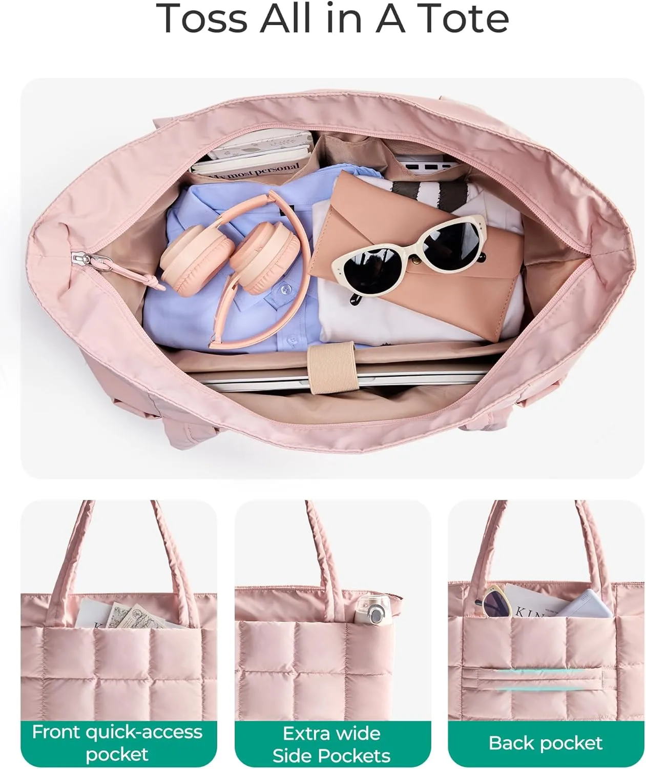 BAGSMART Expandable Tote Bag for Women, Zipper Puffer Work Tote with Water-Resistant Quilted, Nurse and Carry-On Travel Bag