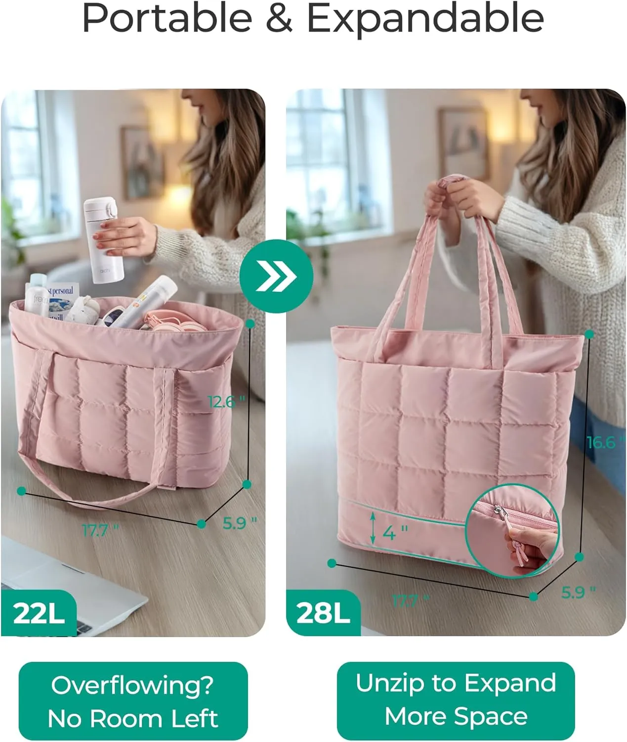 BAGSMART Expandable Tote Bag for Women, Zipper Puffer Work Tote with Water-Resistant Quilted, Nurse and Carry-On Travel Bag