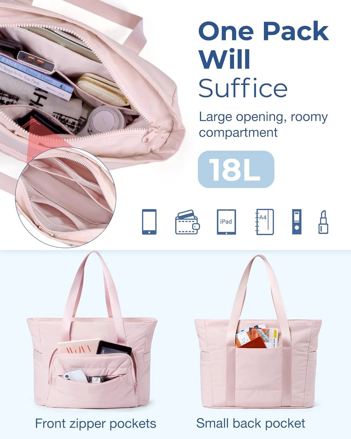 BAGSMART Quilted Tote Bag with Compartments and Yoga Mat Strap, Lightweight Large Shoulder Bag for Travel Work Gym