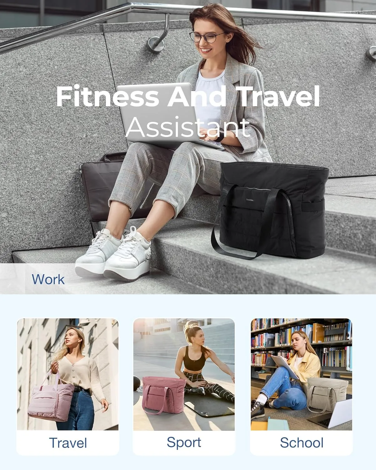 BAGSMART Quilted Tote Bag with Compartments and Yoga Mat Strap, Lightweight Large Shoulder Bag for Travel Work Gym