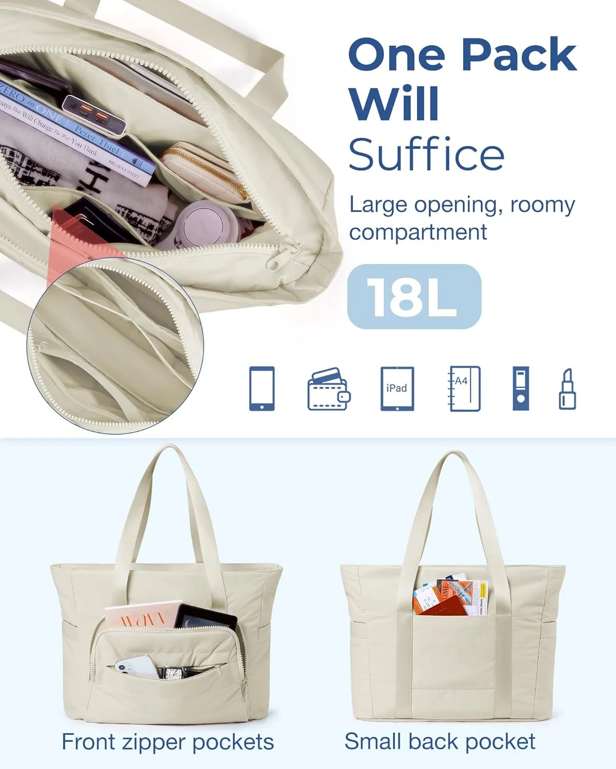 BAGSMART Quilted Tote Bag with Compartments and Yoga Mat Strap, Lightweight Large Shoulder Bag for Travel Work Gym