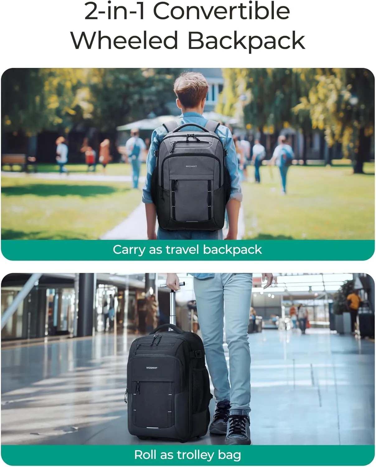 BAGSMART Rolling Backpack, 17 Inch Travel Laptop Wheeled Backpack, 40L Large Carry-On Luggage with Wheels for Men Women, Water-Resistant Overnight Work College Trolley Bag, Black