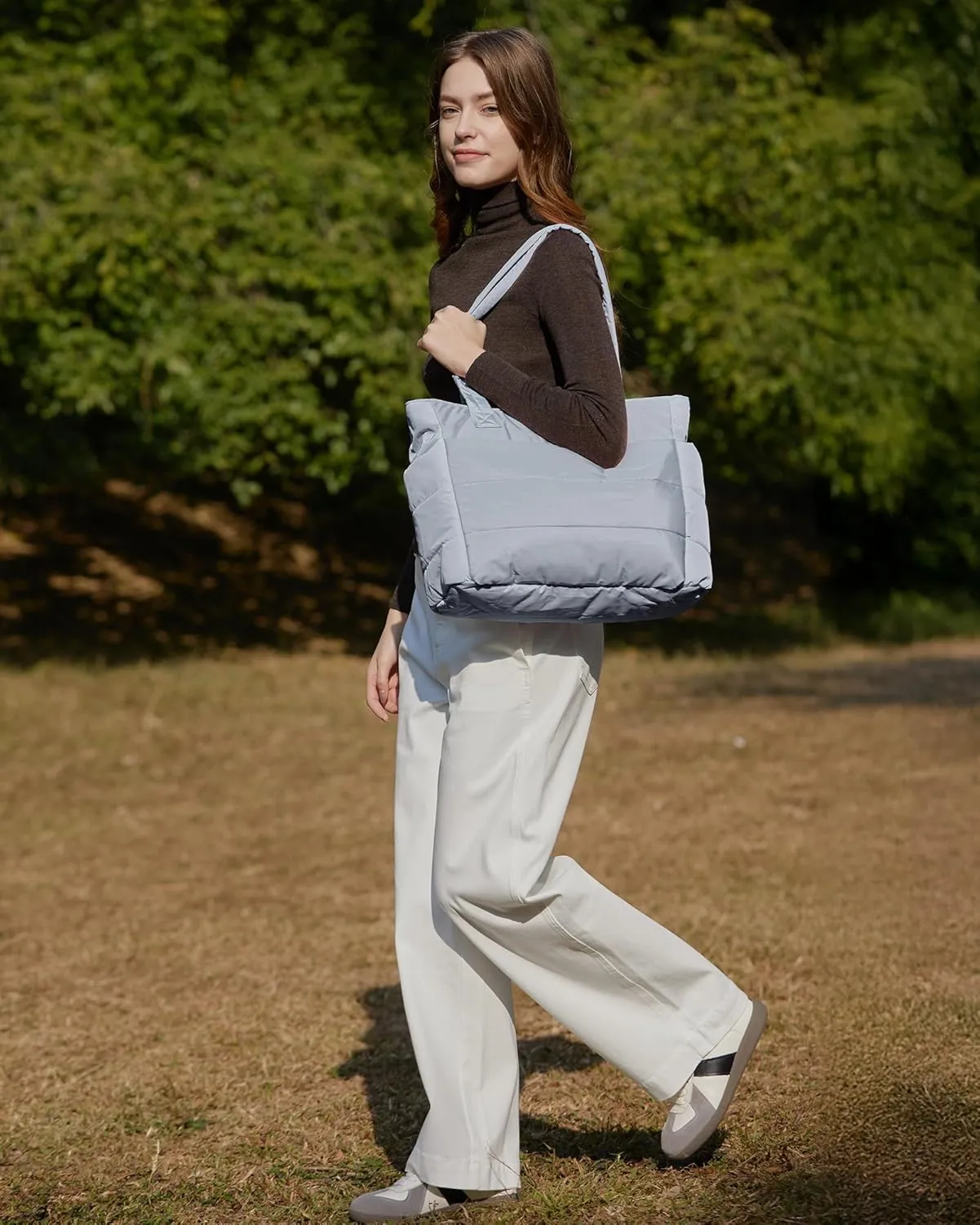 BAGSMART Tote Bag for Women, Lightweight Puffy Tote Bag with Compartments, Quilted Shoulder Bag Handbag for Travel, Work