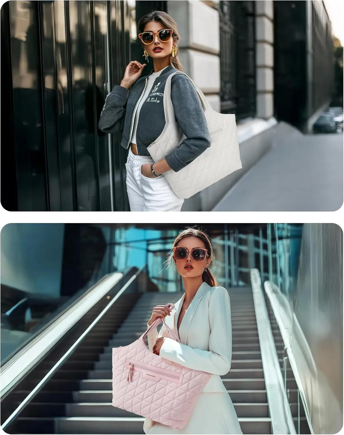 BAGSMART Tote Bag for Women, Lightweight Travel Purse with Zipper, Quilted Puffer Shoulder HandBags for Work