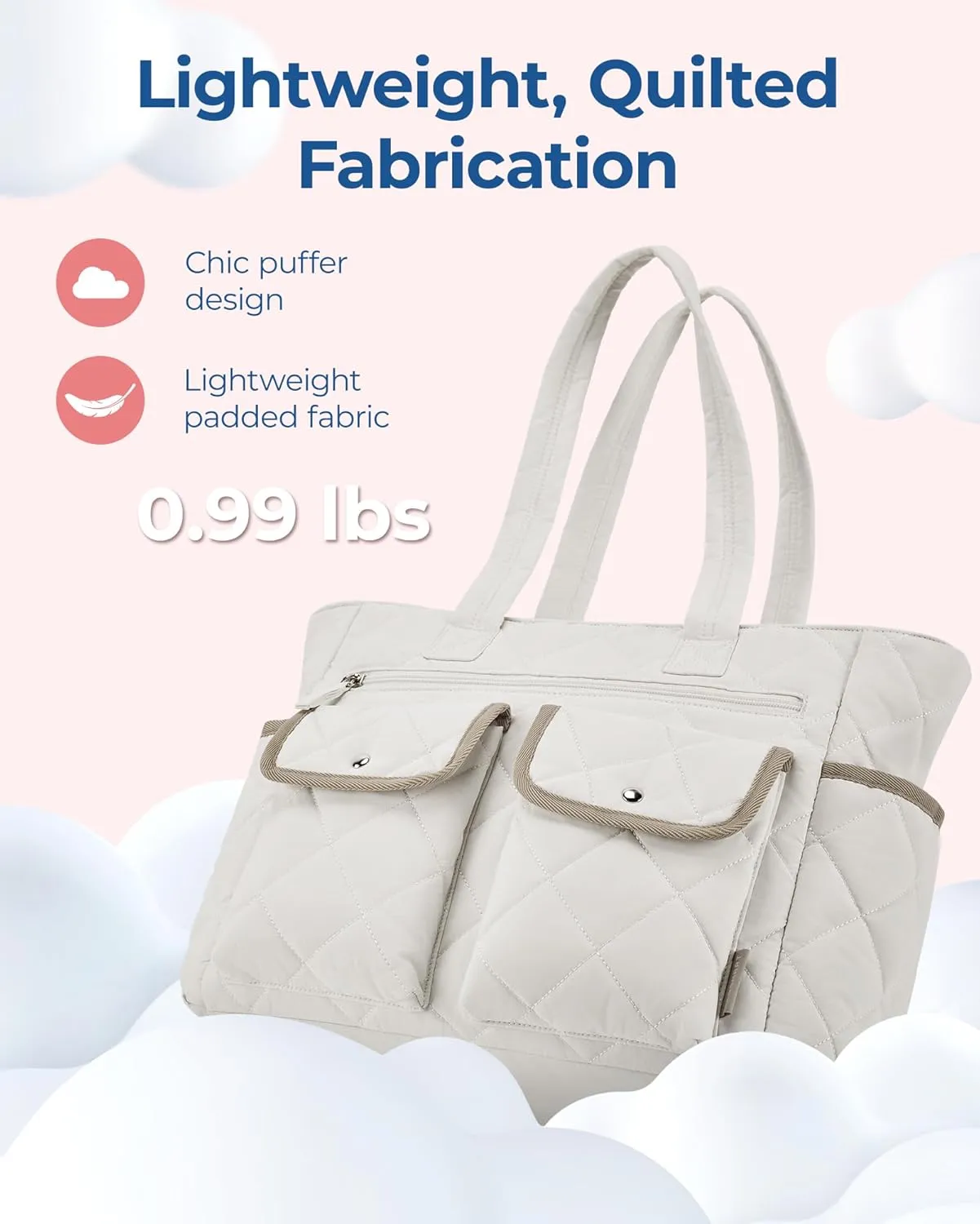 BAGSMART Tote Bag for Women, Tote Bag for Travel with Pocket, Large Puffy Quilted Shoulder Bag Handbag for Travel, Work, Gym