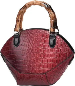 Bamboo Handle Purse for Woman Retro Crocodile Embossed PU Leather Handbag Elegant Purses Stylish Top Handle Bag