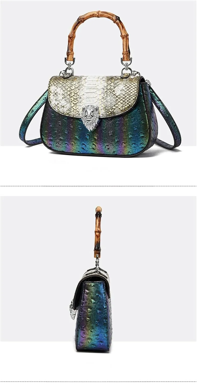 Bamboo Handle Purse for Woman Retro Ostrich Embossed PU Leather Handbag Stylish Purses Top Handle Satchel Bag