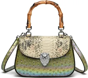 Bamboo Handle Purse for Woman Retro Ostrich Embossed PU Leather Handbag Stylish Purses Top Handle Satchel Bag