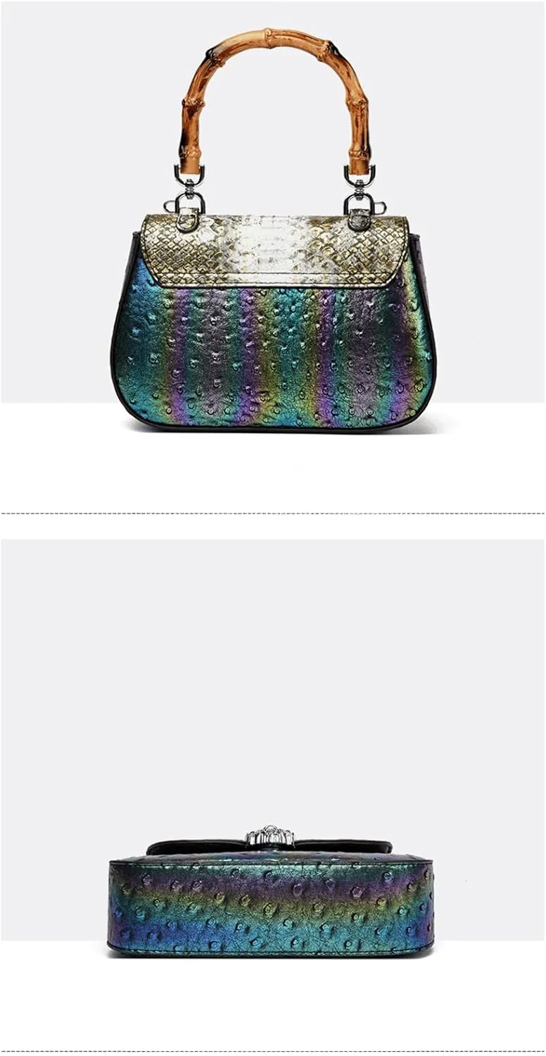 Bamboo Handle Purse for Woman Retro Ostrich Embossed PU Leather Handbag Stylish Purses Top Handle Satchel Bag