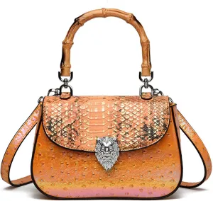 Bamboo Handle Purse for Woman Retro Ostrich Embossed PU Leather Handbag Stylish Purses Top Handle Satchel Bag